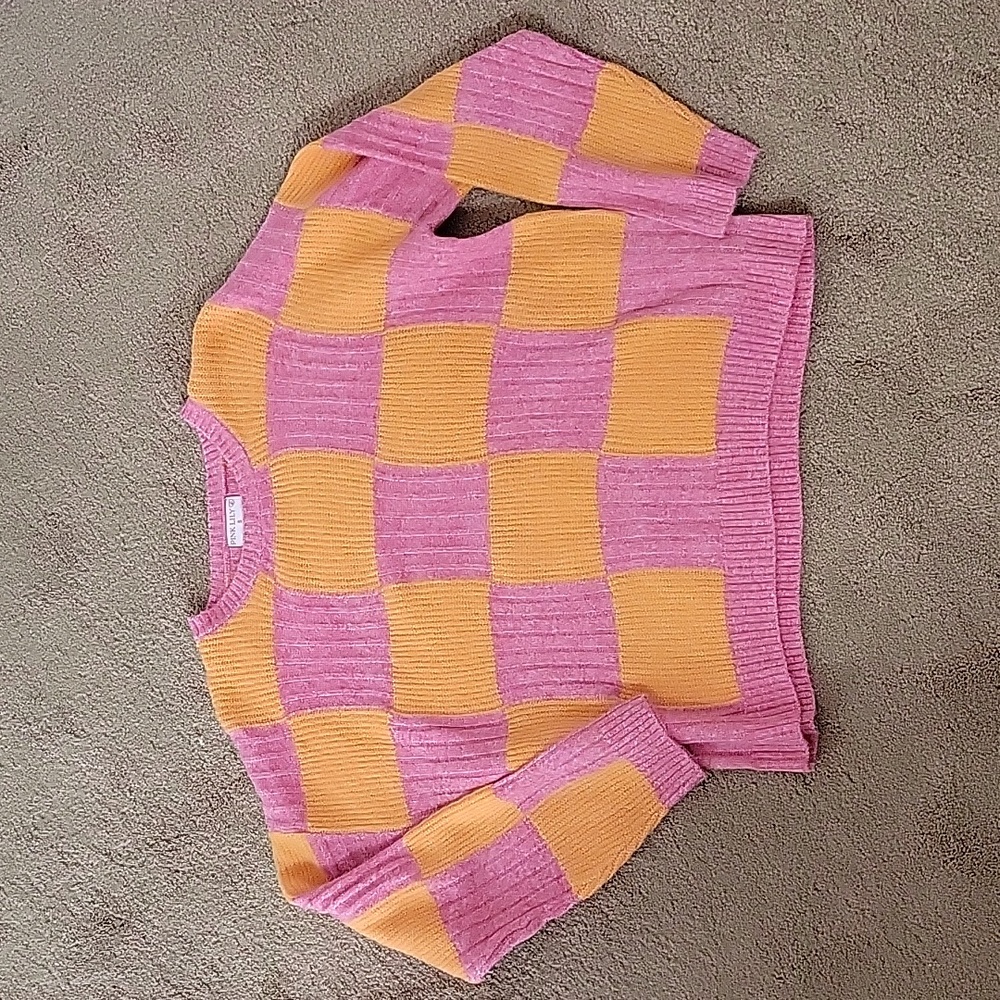 Pink Lily orange and pink checkered sweater NWT small